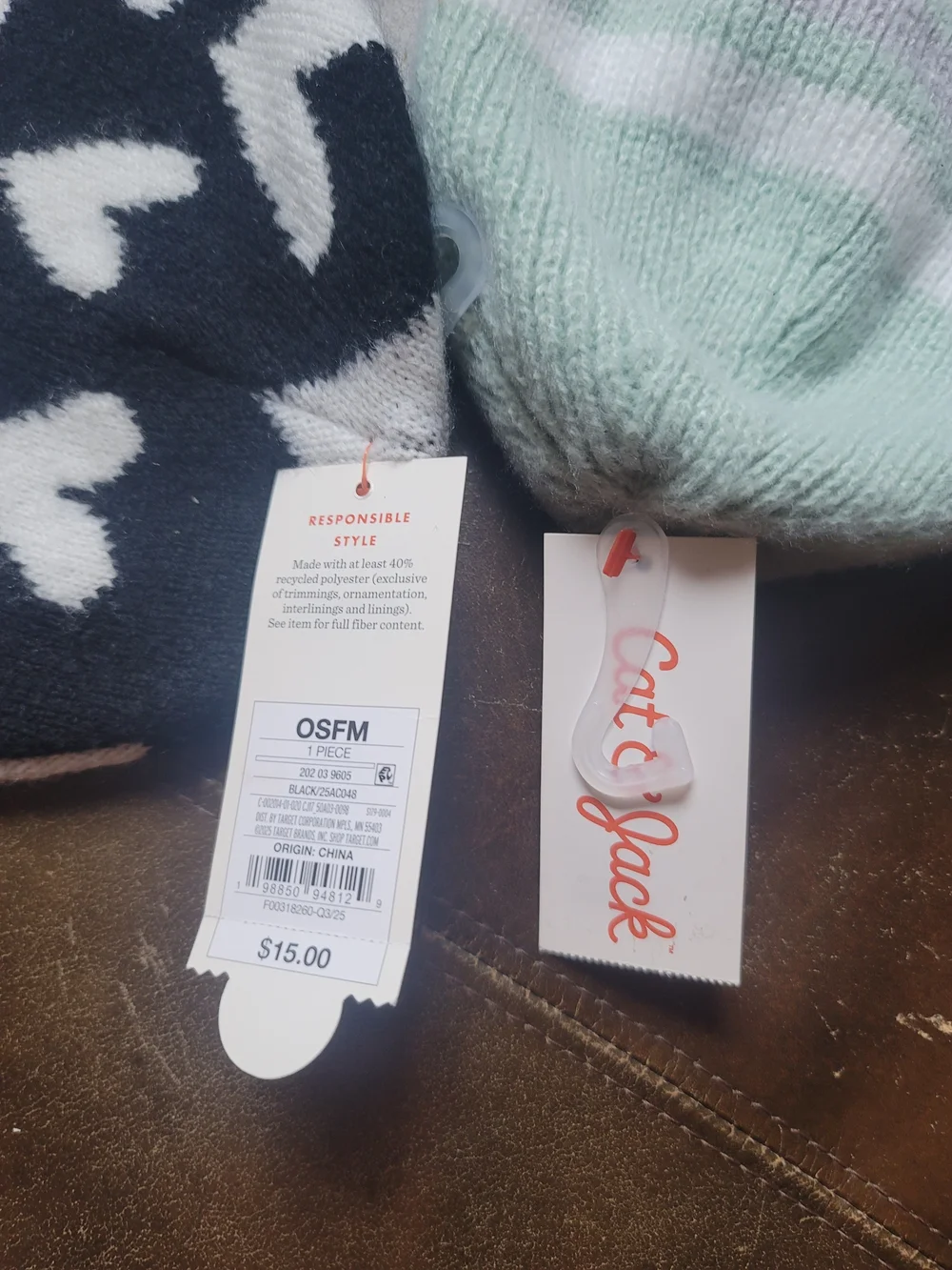 Cat & Jack Kids' Black & White Heart Beanie & Mint Stripe Knit Hat Set